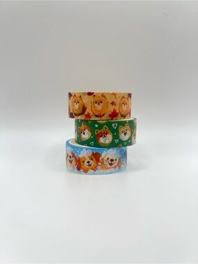 Three Animal Cute Pom Pomeranian Dog Puppy Washi Tape Trio - Brown, Green, Blue
